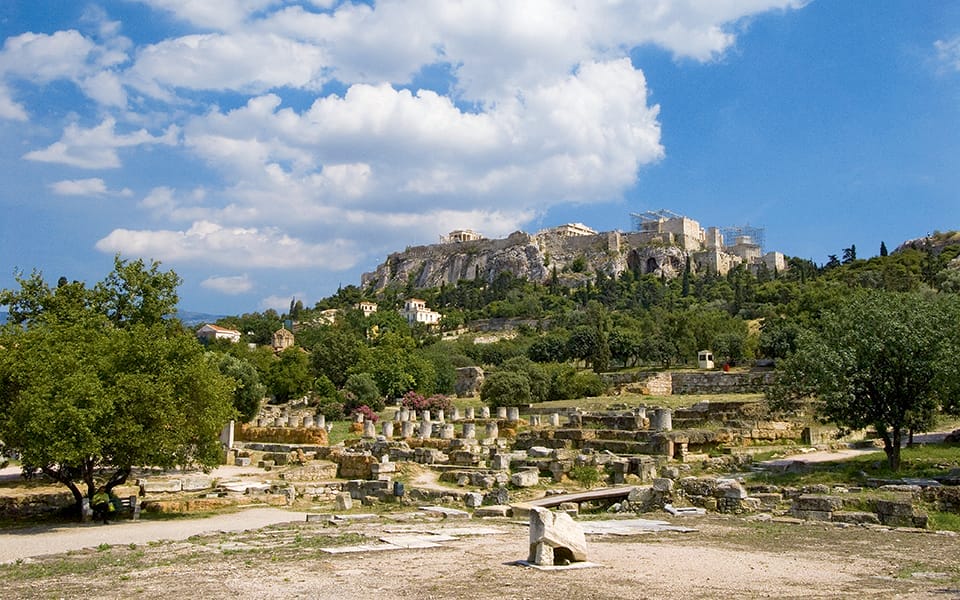 Ruins of the Athenian Agora with Acropolis in background