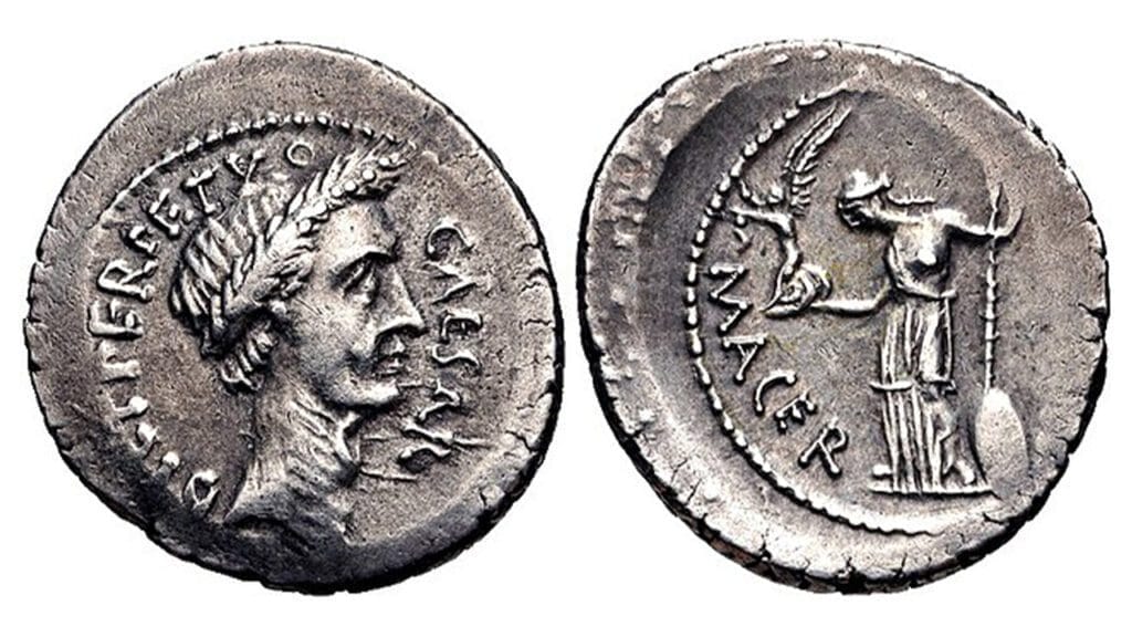 Silver denarius of Julius Caesar minted 44 BC with laureate portrait and Venus Victrix reverse
