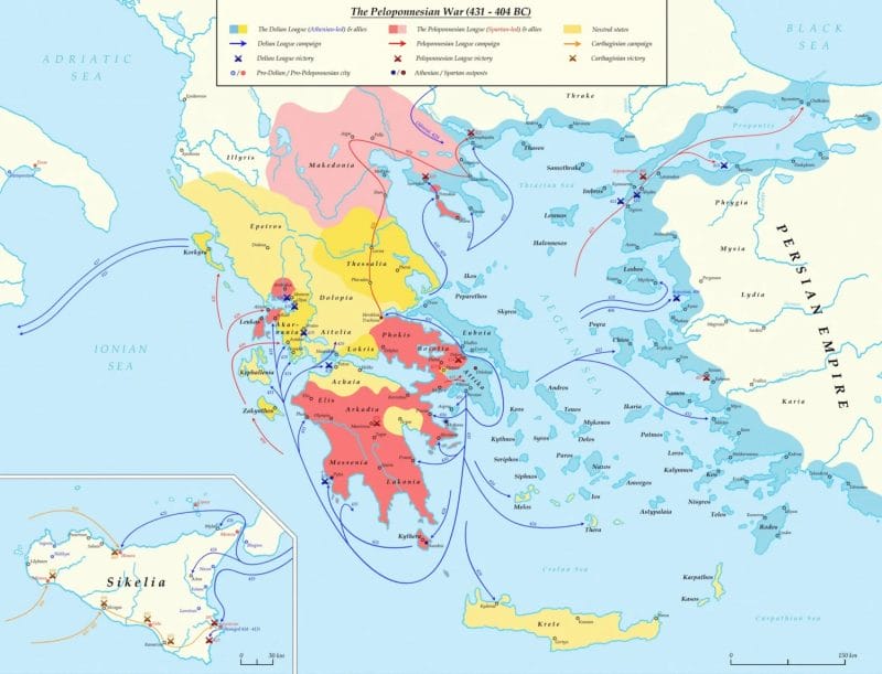 Map of Spartan and Athenian campaigns during the Peloponnesian War