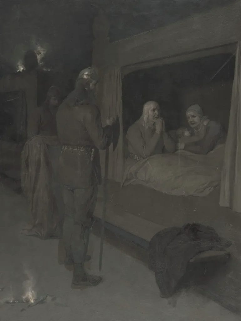Illustration of the house-burning scene from Njáls saga, with figures beside a roaring fire inside a timber hall.
