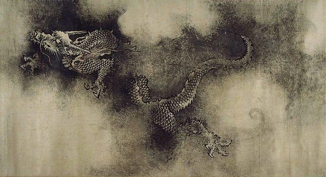 Chinese ink painting of a dragon, coiling through clouds.