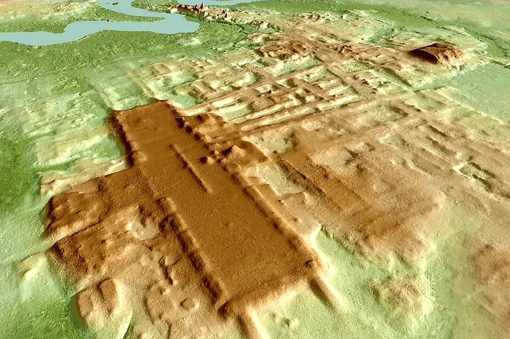 LiDAR rendering of Aguada Fénix in Tabasco, Mexico: a long, low rectangular platform and radiating causeways glow clearly once vegetation is digitally removed.