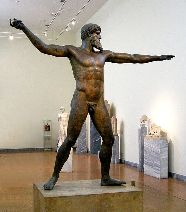 Bronze god raising a thunderbolt or trident, known as the Artemision Zeus or Poseidon