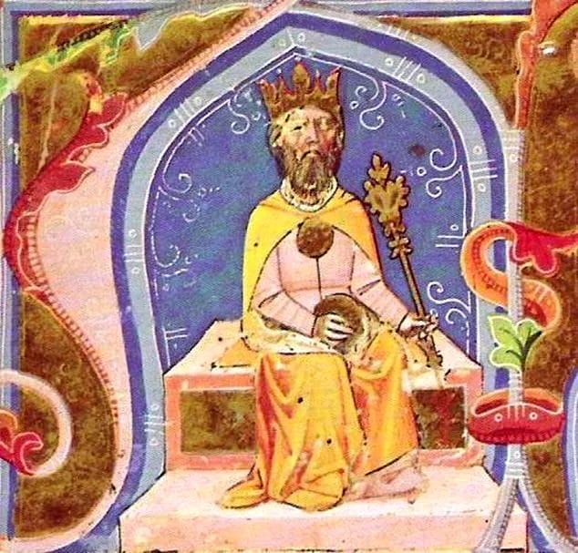 Medieval image of Attila seated with attendants from the fourteenth-century Chronicon Pictum.