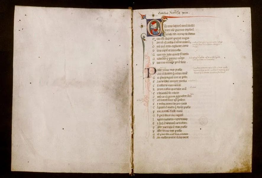 Manuscript leaf from a medieval/early modern copy of Catullus' poems.