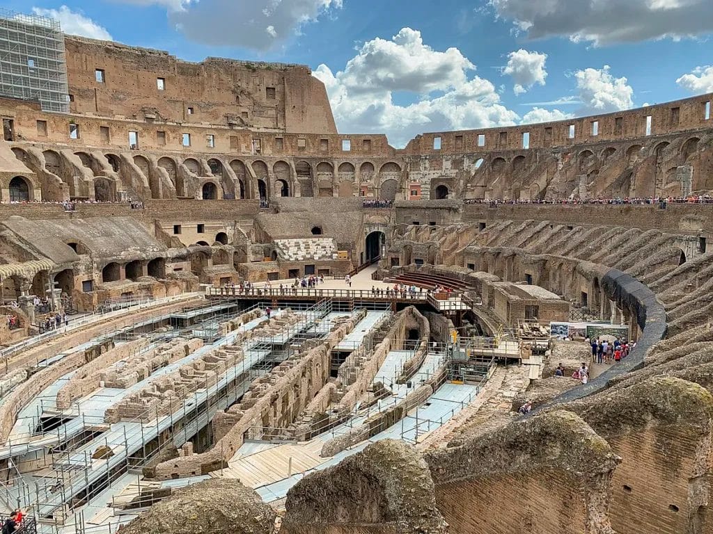 Interior view of the Colosseum showing restored arena floor and hypogeum.