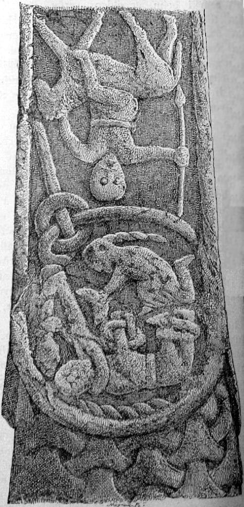 Gosforth Cross panel: a bound figure beneath a bowl held by a standing woman—often read as Loki and Sigyn.