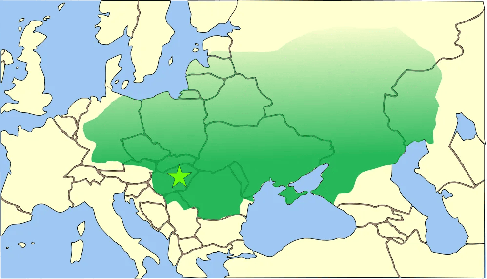 Map showing the approximate extent of Attila's sphere around 450 CE across the Carpathian Basin and beyond.