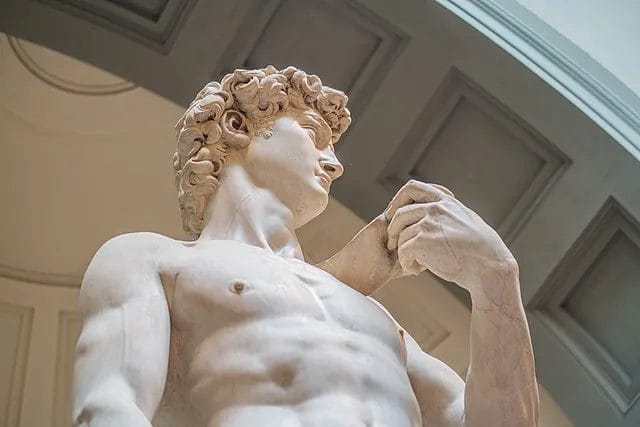 Side view of David highlighting cranial rotation, neck muscles, and shoulder line.