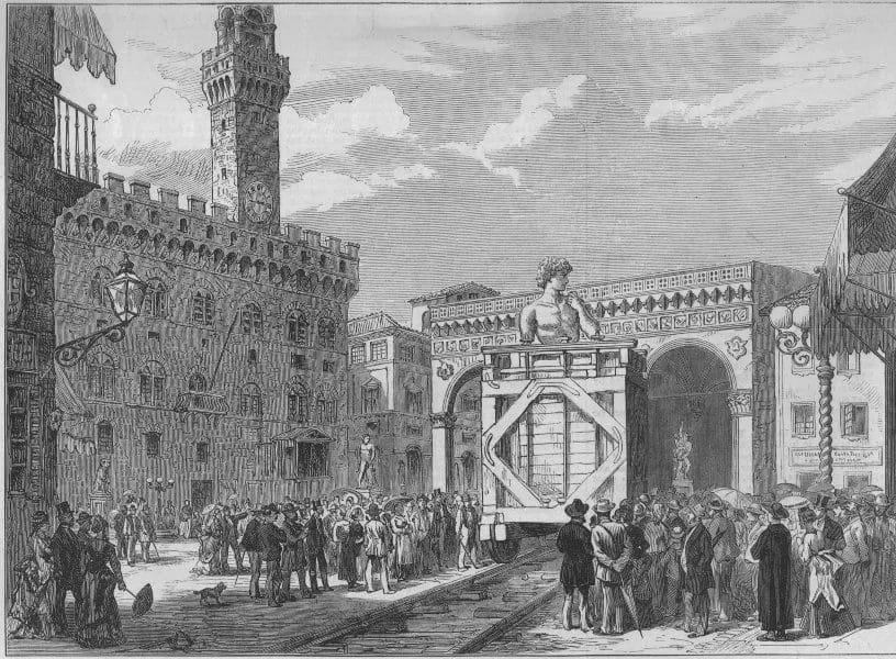 Historical engraving of the 1873 transport of David from Piazza della Signoria to the Accademia.