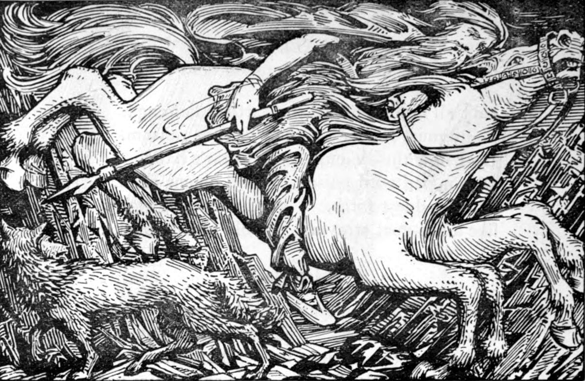 Illustration of Odin on Sleipnir traveling to the underworld, tied to Baldr’s death.