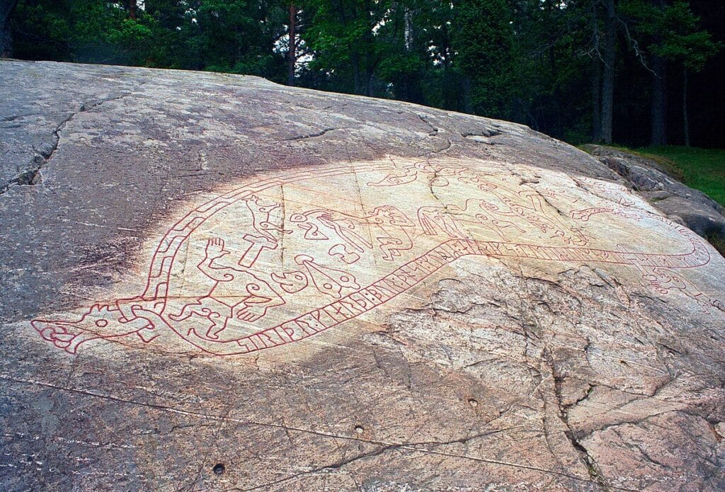 Ramsund carving of Sigurd visualizing a Norse Hero's Journey in Ancient Myths.License: CC BY-SA 4.0.