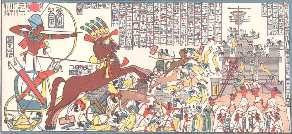 Relief of Ramesses II's siege of Dapur showing archers and assault on a fortified hill-town.
