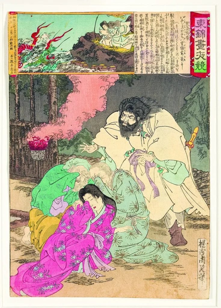 Toyohara Chikanobu depiction of Susanoo saving Kushinadahime from the dragon, with the river setting implied.