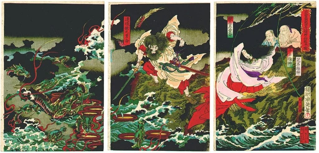 Toyohara Chikanobu print of Susanoo killing the eight-headed Orochi; after the slaying he finds the sword in the tail.