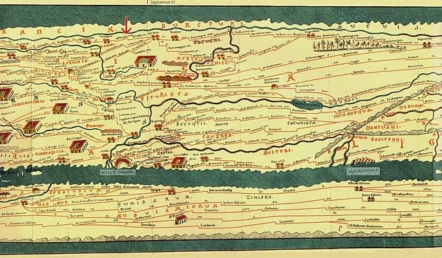 Segment of the Tabula Peutingeriana showing roads, stations, and distances