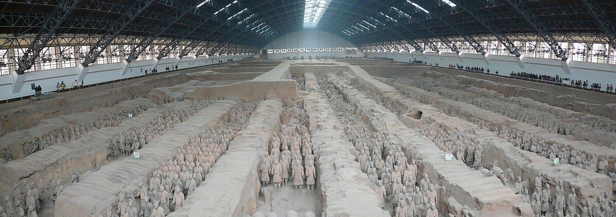 Panoramic photograph of Pit 1 with ranks of terracotta soldiers in situ.