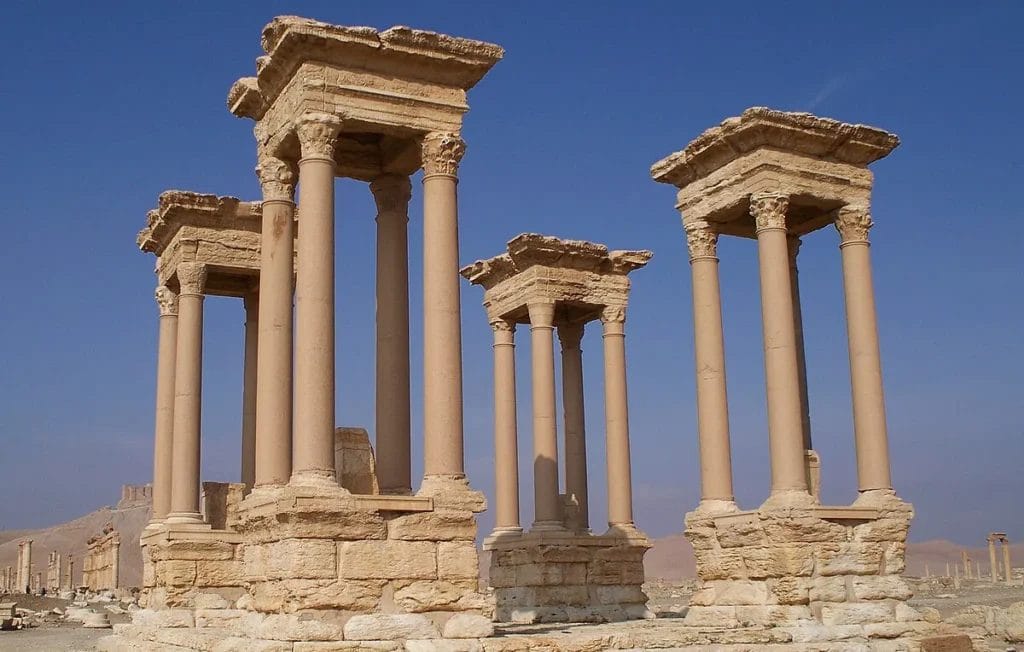 The Tetrapylon at Palmyra with its column clusters standing at the intersection of the colonnaded street.