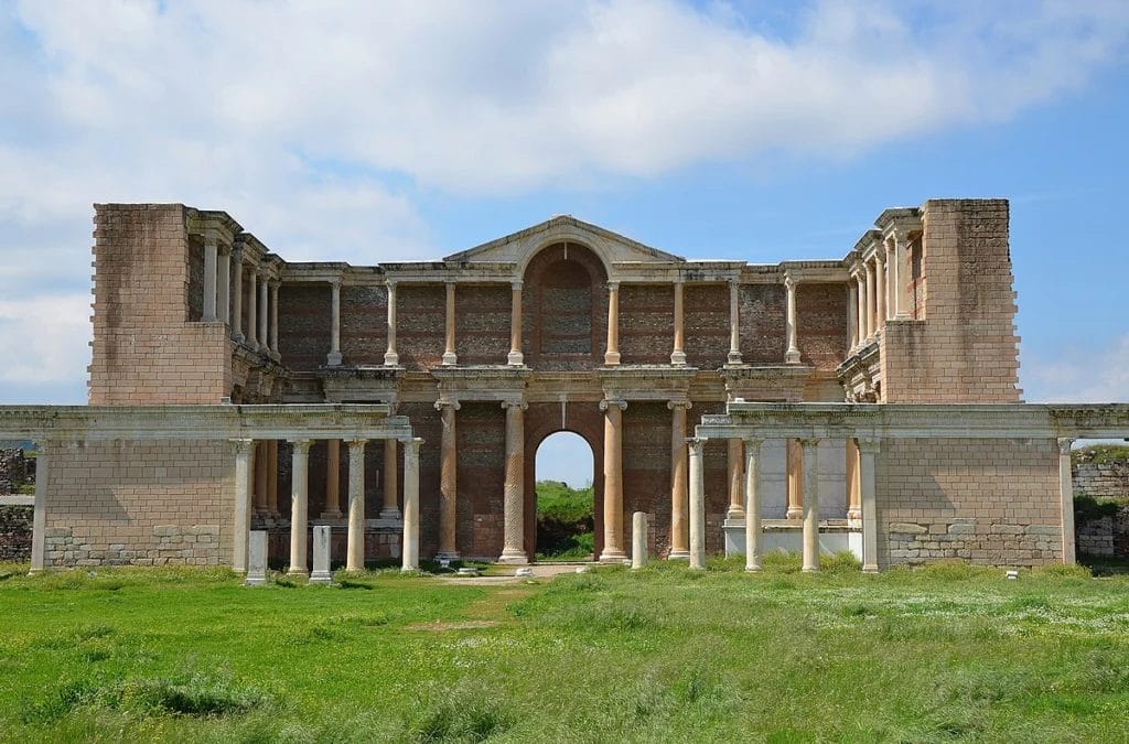 Reconstructed Marble Court of the Roman Bath-Gymnasium at Sardis; the Lydian palace lies deeper and to the east.