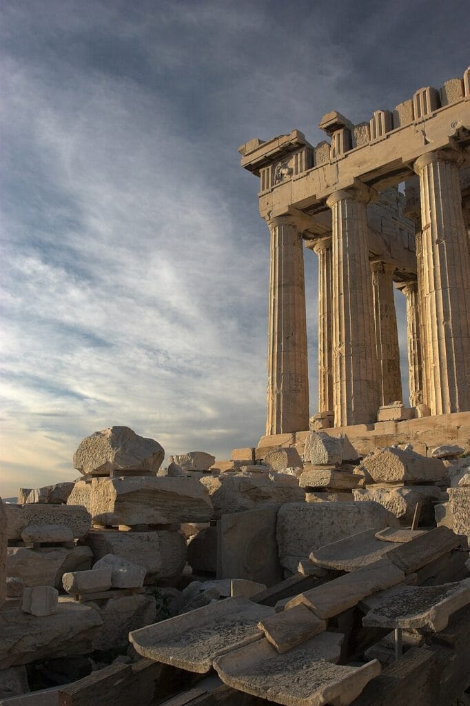 The Parthenon on the Acropolis of Athens with blue sky and scattered clouds