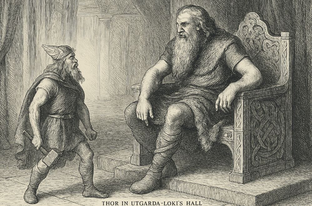Thor and companions welcomed by Útgarða-Loki in his giant hall