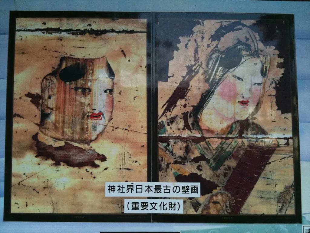 Reproduction mural at Yaegaki Shrine showing Susanoo and Kushinadahime.