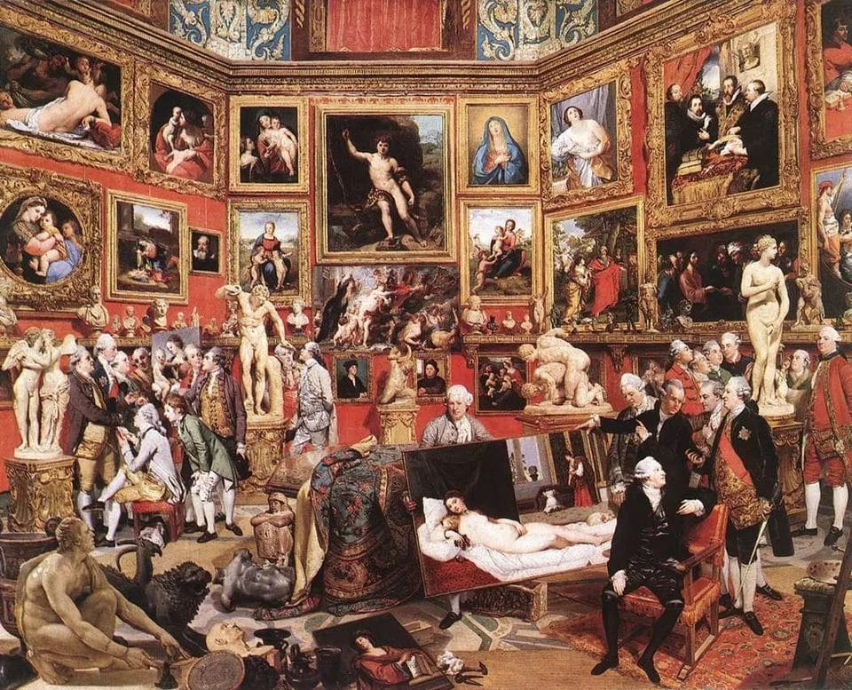 Full view of Johann Zoffany’s painting “The Tribuna of the Uffizi,” showing collectors and classical art in the 1770s gallery.