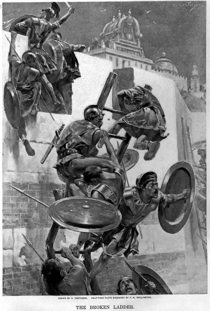 A nineteenth-century engraving imagines the broken ladder and the moment Alexander found himself inside a Mallian stronghold almost alone