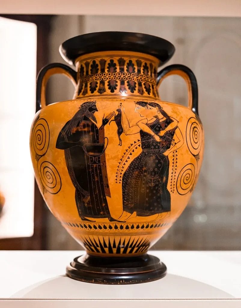 Black figure amphora showing Athena and Poseidon