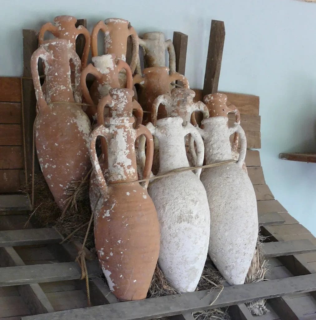 Photograph showing amphorae stacked in a ship hold reconstruction