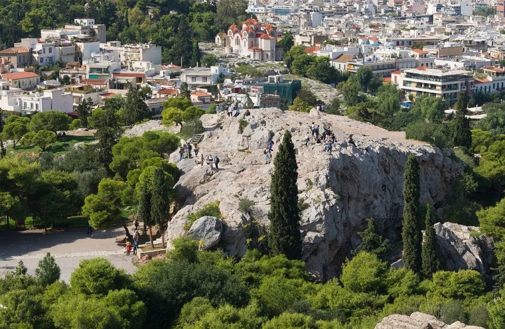 Orestes at the Areopagus. Distant view of the Areopagus rock seen from the Acropolis with Athens below.
