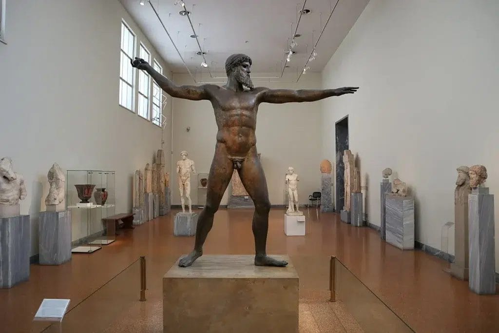 Frontal view of the Artemision bronze used to discuss the reconstructed Sky Father and storm iconography.