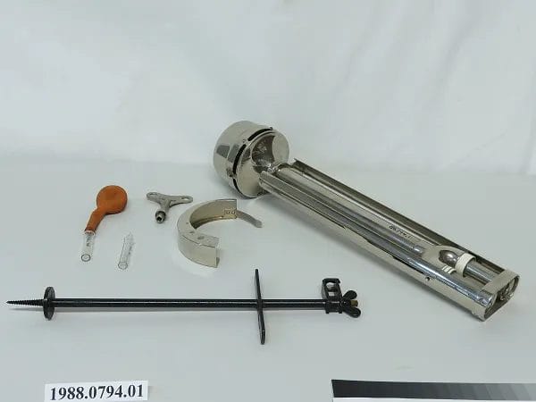 Deconstructed view of an Assmann-type aspiration psychrometer with shielding and thermometer bulbs