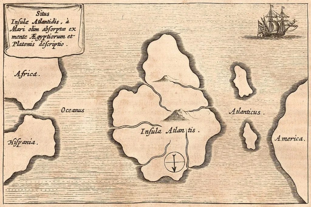 Athanasius Kircher's 1678 map of Atlantis from Mundus Subterraneus.