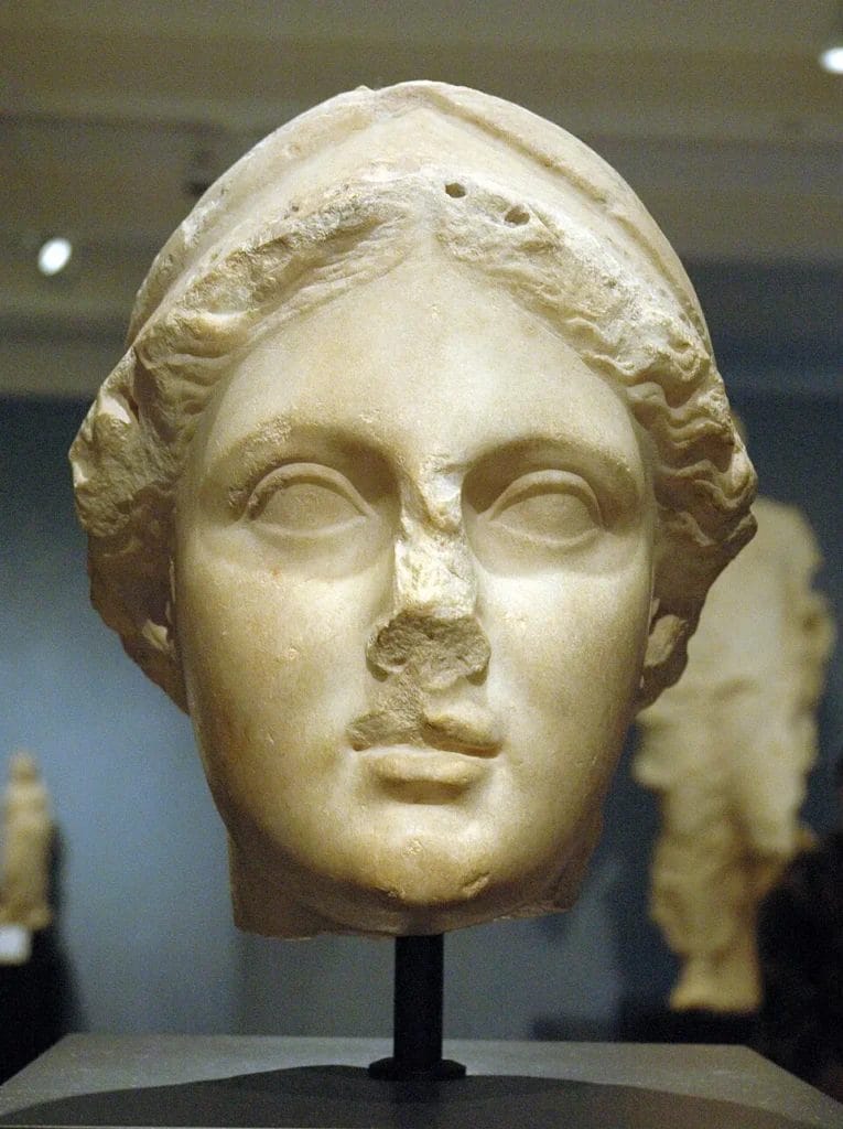 Helmeted head of Athena with nose and mouth damaged, photographed at the Getty Villa.