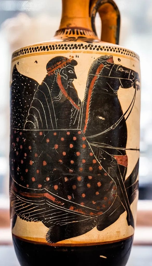Black figure lekythos with Poseidon on sea horse