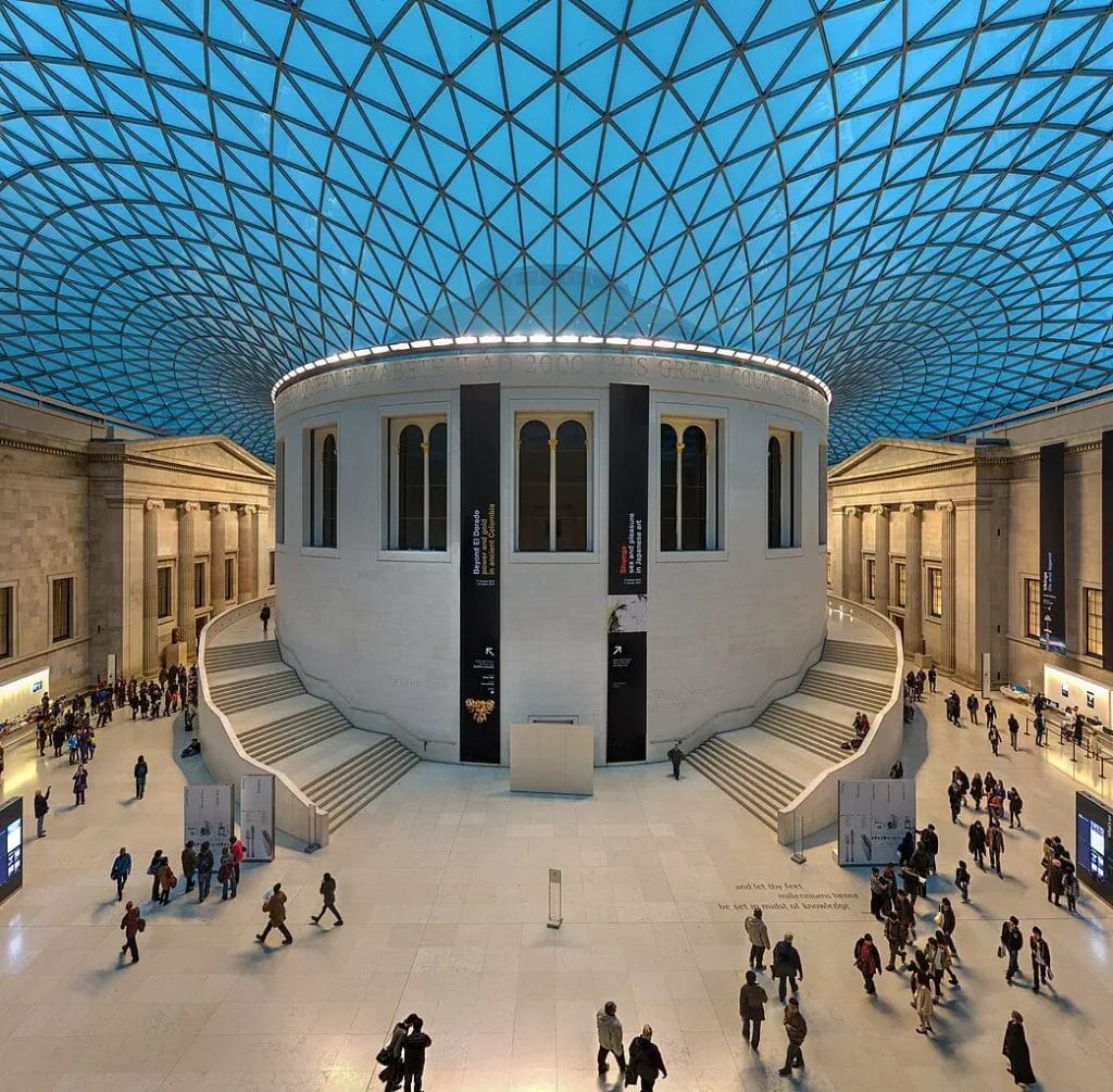 Wide-angle photograph of the British Museum’s Great Court with the glass roof and Reading Room.