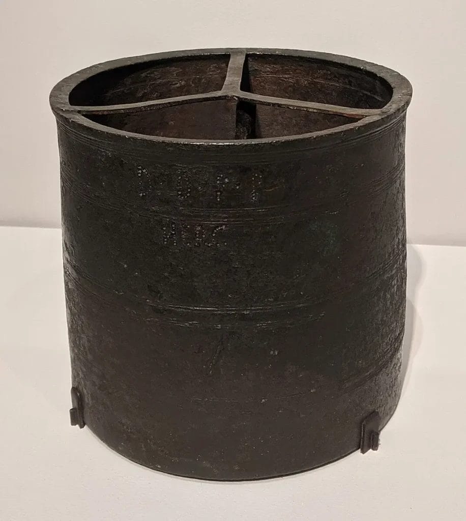 Bronze Roman modius with inscriptions, museum display view