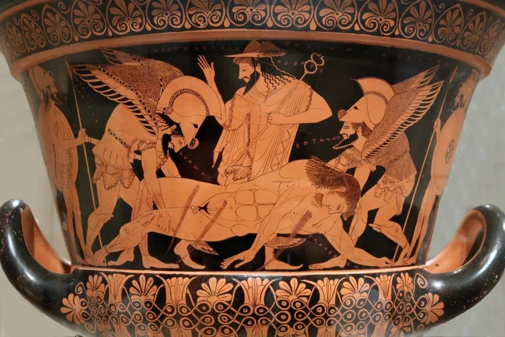 Frontal view of the Euphronios Krater showing Hypnos and Thanatos carrying Sarpedon with Hermes looking on.