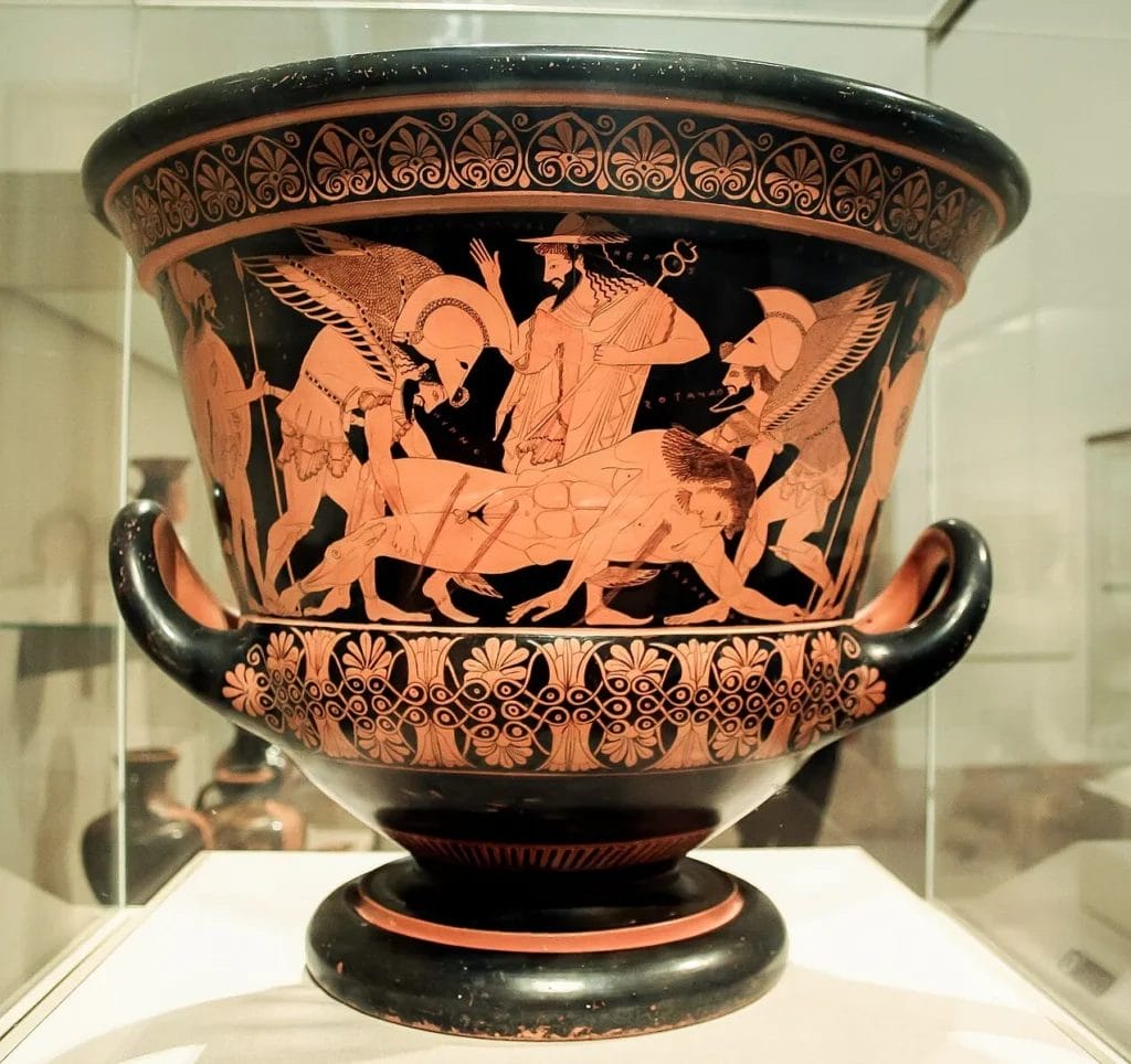 Photograph of the famous red-figure calyx-krater attributed to Euphronios, depicting Sleep and Death carrying Sarpedon.