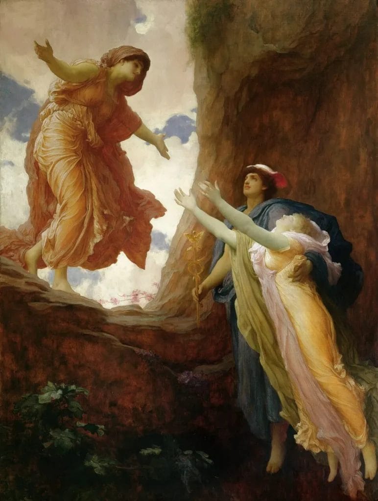 Persephone rising with Hermes toward Demeter in a luminous study