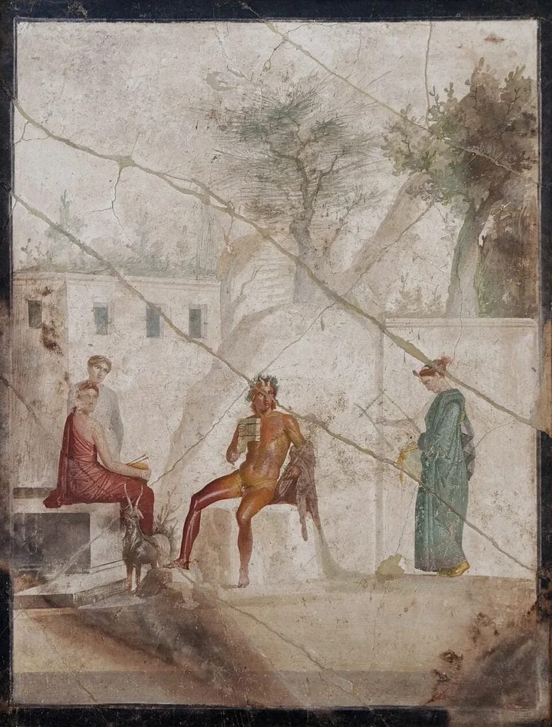 Pompeii fresco of Pan and a nymph making music