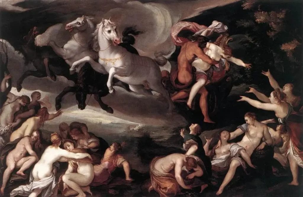 Hades abducting Persephone.