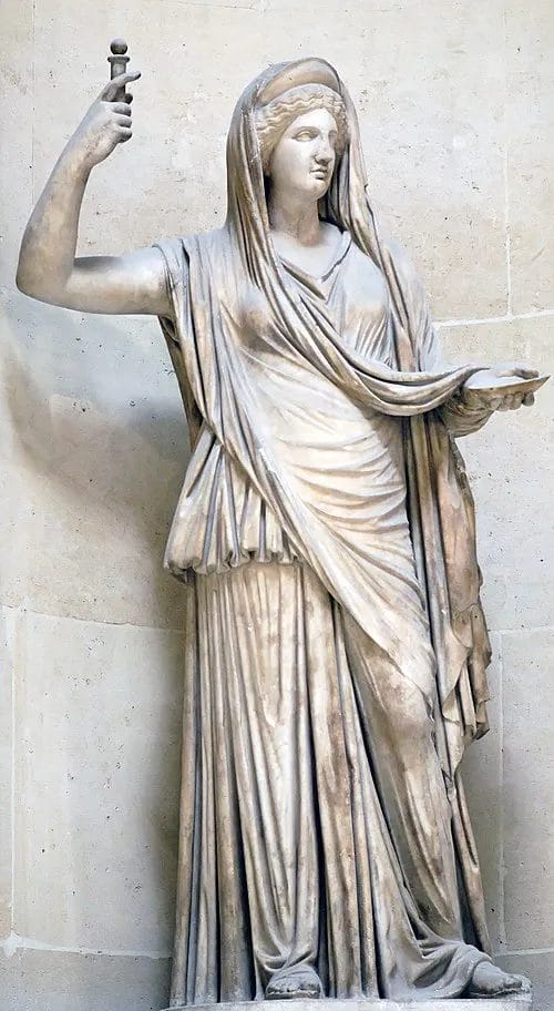 Marble statue of Hera Campana standing, frontal view, in the Louvre.