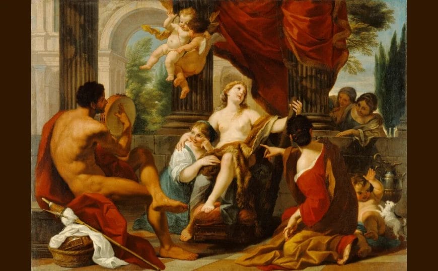 Baroque oil painting of Hercules serving Omphale with distaff