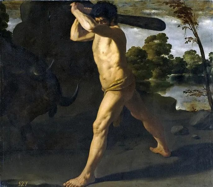 Heracles and the Cretan Bull in a landscape