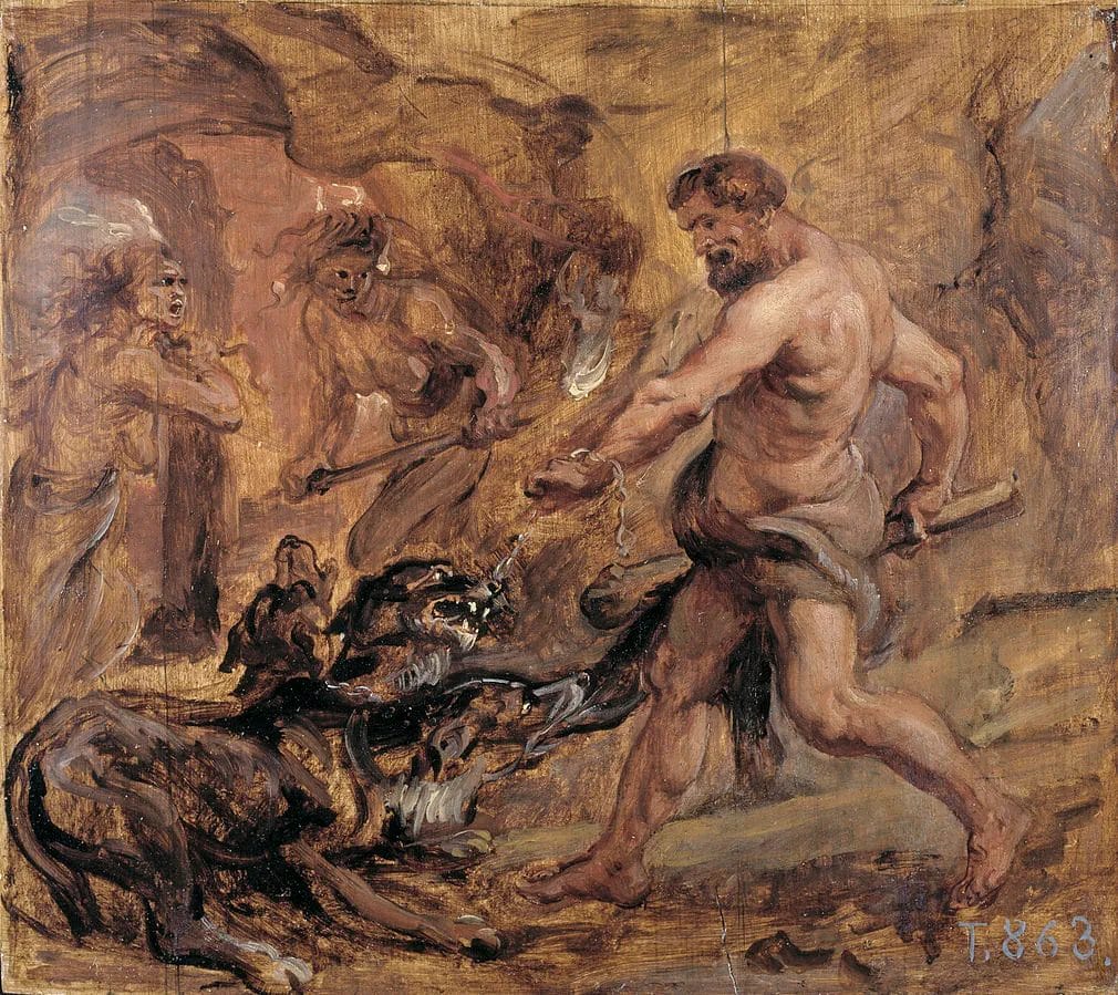 Hercules leading Cerberus as the rulers of the underworld look on