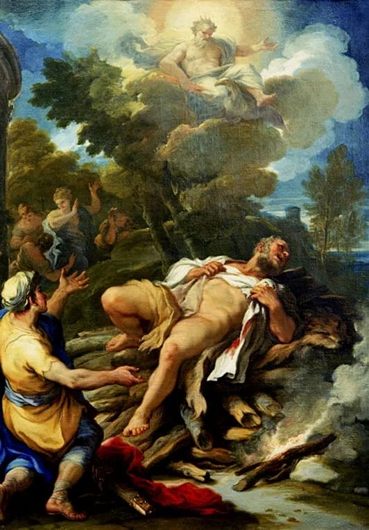 Tall oil painting of Hercules reclining on the funeral pyre