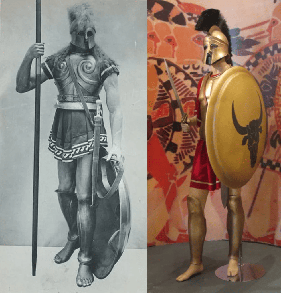 Selection of hoplite gear including helmets, cuirasses, shields, and period depictions.