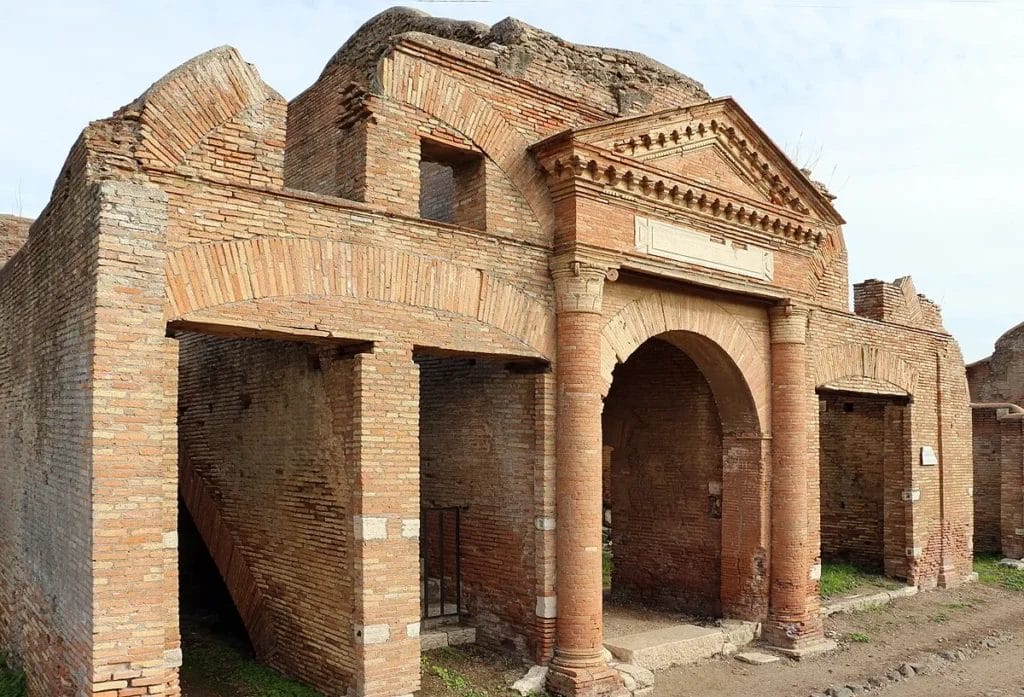 Front façade of the Horrea Epagathiana with brick arches and doorways